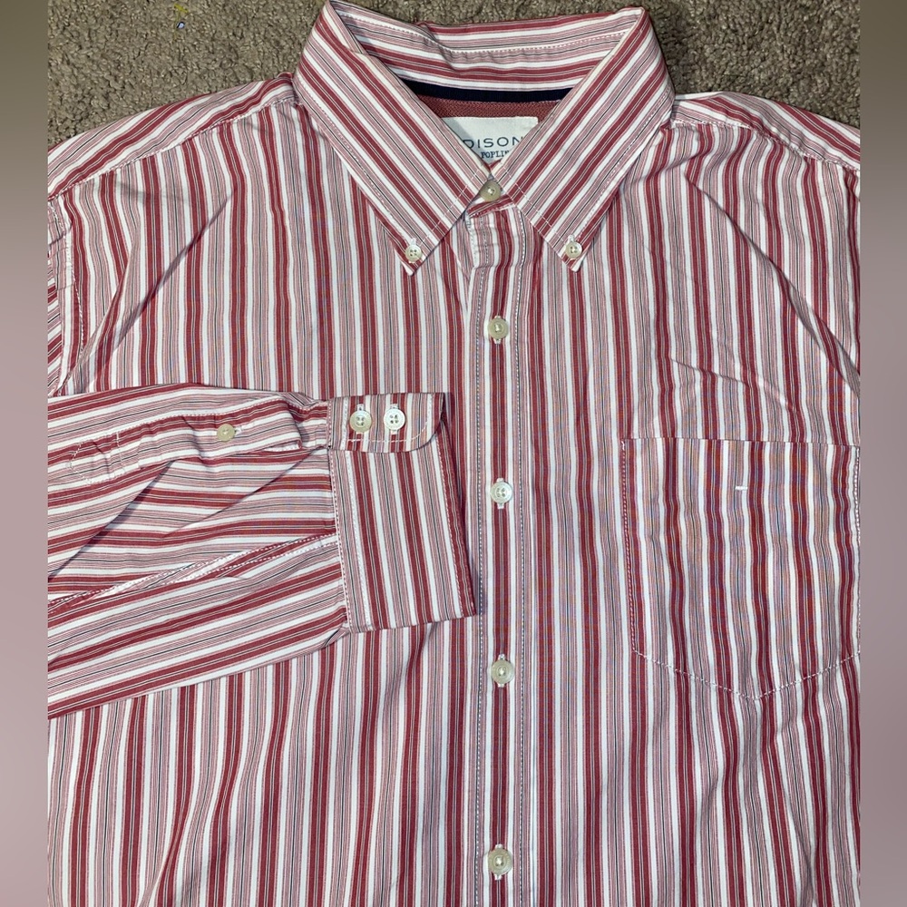 Madison Washed Poplins Mens Size XL Button Up Down Striped Red Work Dress Shirt
